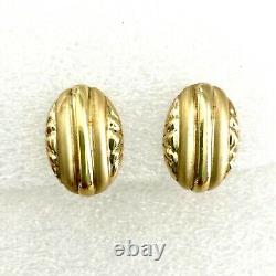 14K GOLD OVAL RIBBED EARRINGS OMEGA BACKS 3/4 Puffy Button VINTAGE SALE