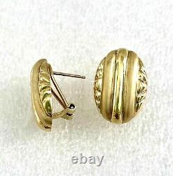 14K GOLD OVAL RIBBED EARRINGS OMEGA BACKS 3/4 Puffy Button VINTAGE SALE