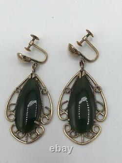 14K Gold 10.03 Grams Jade Large clip Vintage Filigree Dangle Earrings