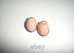 14K Gold Angel Skin Oval Coral Omega Back Clip Earrings Vintage