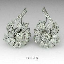 14k White Gold Over Vintage 1.12Ct Diamond Omega Style Posts Flower Earrings