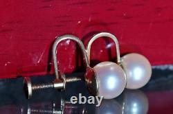 14k yellow gold earrings 8mm pearl non pierced screw back 1930's antique 3.0gr
