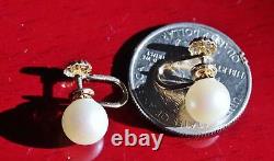 14k yellow gold earrings 9mm pearl non pierced screw back 1930's antique 2.2gr