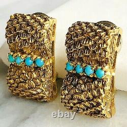 18K Yellow Gold Turquoise Textured Feather Vintage Clip-On Signed Earrings Italy