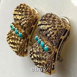 18K Yellow Gold Turquoise Textured Feather Vintage Clip-On Signed Earrings Italy