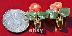 18k 750 yellow gold earrings coral jade rose flower clip on 1930's antique 8.7gr