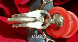 18k 750 yellow gold earrings coral jade rose flower clip on 1930's antique 8.7gr