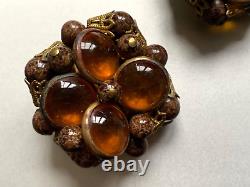 1950s Vintage French Designer Clip-on Earrings Honey colour Cabochons 3cm