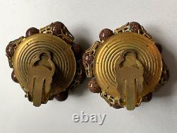 1950s Vintage French Designer Clip-on Earrings Honey colour Cabochons 3cm