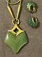 1977 GIVENCHY Faux Jade Pendant w Gold Snake Chain & 1976 Matching Earrings Set