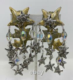 1986 Vintage LUNCH AT THE RITZ STAR Enamel Crystal Long DANGLE Clip EARRINGS