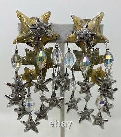 1986 Vintage LUNCH AT THE RITZ STAR Enamel Crystal Long DANGLE Clip EARRINGS
