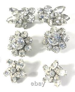 3 Pair Signed Weiss Clip Earrings Vintage Clear Rhinestones All Beauties