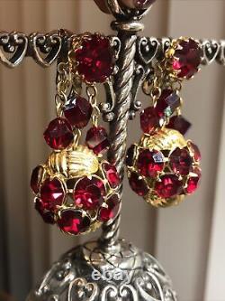 4. Vintage VENDOME Gold Tone Red Rhinestone Dangle Ball Clip Earrings 27.9g, 2