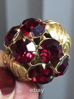 4. Vintage VENDOME Gold Tone Red Rhinestone Dangle Ball Clip Earrings 27.9g, 2