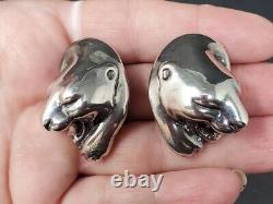 925 Silver Panther Earrings Vintage 1980s Electroform Figural Cat Clips