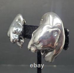 925 Silver Panther Earrings Vintage 1980s Electroform Figural Cat Clips
