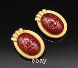 925 Silver Vintage Carved Scarab Beetle Carnelian Clip Back Earrings EG12223