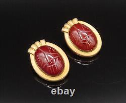 925 Silver Vintage Carved Scarab Beetle Carnelian Clip Back Earrings EG12223