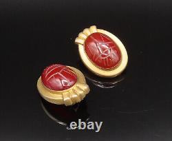 925 Silver Vintage Carved Scarab Beetle Carnelian Clip Back Earrings EG12223