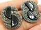 925 Sterling Silver Vintage Circular Onyx & Marcasite Clip-On Earrings E3531