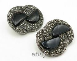 925 Sterling Silver Vintage Circular Onyx & Marcasite Clip-On Earrings E3531