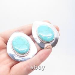 925 Sterling Silver Vintage Mexico Real Turquoise Gem Oval Clip On Earrings