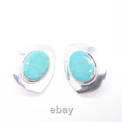 925 Sterling Silver Vintage Mexico Real Turquoise Gem Oval Clip On Earrings