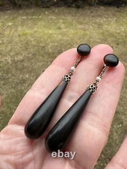 ANTIQUE VICTORIAN BLACK HORN SEED PEARL 14K GOLD SCREW CLIP EARRINGS 63mm