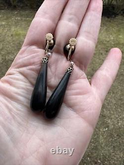ANTIQUE VICTORIAN BLACK HORN SEED PEARL 14K GOLD SCREW CLIP EARRINGS 63mm