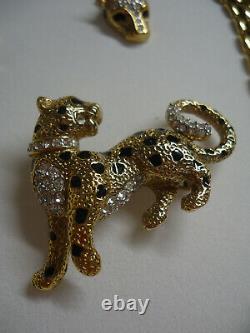 ATWOOD & SAWYER Diamante Leopard Set Necklace Earrings Brooch Vintage 1980s MINT