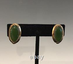 A Pair Of Vintage Nephrite Green Jade Cabochon Clip On Earrings