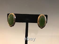 A Pair Of Vintage Nephrite Green Jade Cabochon Clip On Earrings