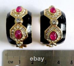 A Vintage Pair Of Christian Dior Clip Earrings With Black Enamel. White Diamantes