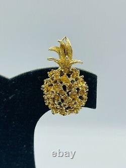 Alice Caviness Vintage Gold Plated Orange Rhinestone Pineapple Clip Earrings