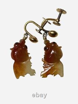 Antique 14K Gold Unusual Carved Red Jade Earring Koi Fish Screw Back Clip Pisces