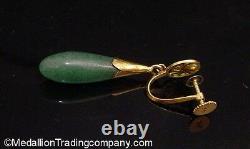 Antique 14k Gold Aventurine Jade Clip On Screw Back Earrings Happiness Chinese