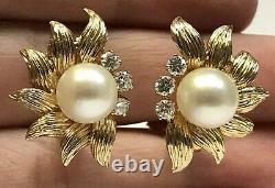 Antique 14k Yellow Gold Natural South Sea Pearl & Diamond Flower Leaf Earrings