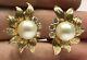 Antique 14k Yellow Gold Natural South Sea Pearl & Diamond Flower Leaf Earrings