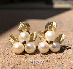 Antique 14k Yellow Gold Sapphire & 6.5mm Pearl Flower Leaf Clip On Earrings 7.9g