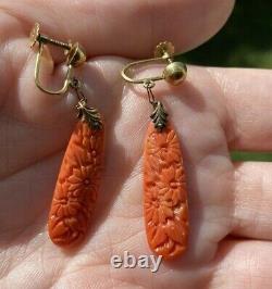 Antique Art Nouveau Carved Red Coral 10k Gold Screw Clip Earrings 2