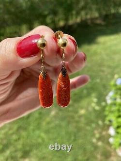 Antique Art Nouveau Carved Red Coral 10k Gold Screw Clip Earrings 2