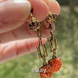 Antique Art Nouveau Carved Red Coral 14k Gold Screw Clip Earrings 2