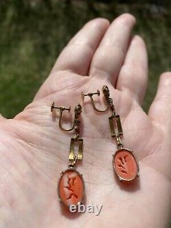 Antique Art Nouveau Carved Red Coral 14k Gold Screw Clip Earrings 2
