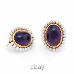 Antique Deco Amethyst Seed Pearl Earrings Vintage 14k Yellow Gold Estate Jewelry