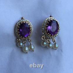 Antique Deco Amethyst Seed Pearl Earrings Vintage 14k Yellow Gold Estate Jewelry