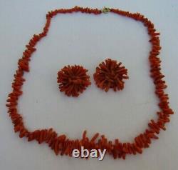 Antique Natural Salmon RED Coral Set Necklace Clip on Earrings