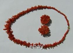 Antique Natural Salmon RED Coral Set Necklace Clip on Earrings
