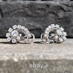 Antique Swirl Cluster Diamond Earrings 14K White Gold 1.30CT CZ Clip On Earrings