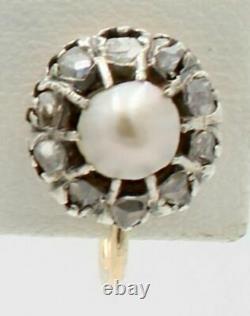 Antique Victorian Georgian Diamond Natural Pearl 14k Gold Screw Clip Earrings